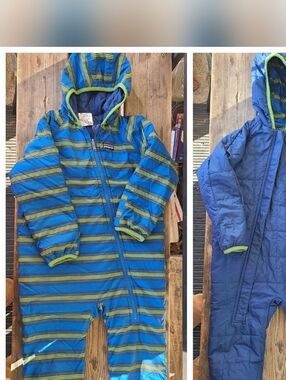 PATAGONIA SZ 3T VGUC REVERSIBLE ROYAL   BLUE LIME ZIG -ZAG QUILTED Snowsuit